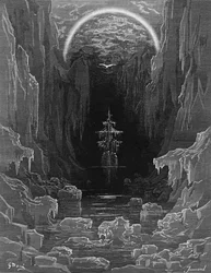 La aparición del albatros para guiar el barco abandonado fuera de los mares helados de la Antártida, escena de 